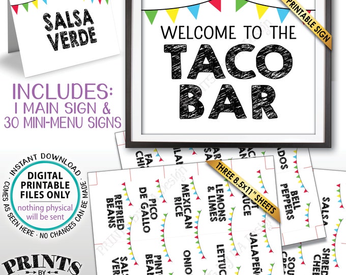 Taco Bar Sign and Labels, Taco Buffet, Build Your Own Taco Station, Mexican Fiesta, PRINTABLE 8x10" Taco Bar Sign & 2x3.5" Menu Labels <ID>