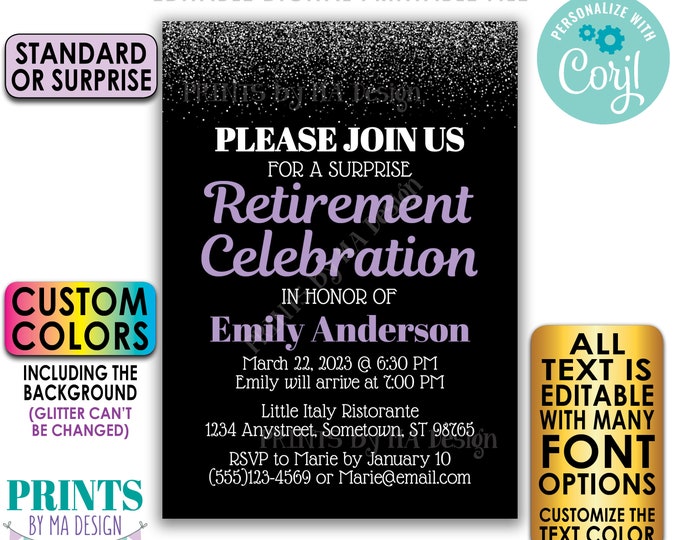 Editable Retirement Celebration Invite, Silver Glitter, Custom PRINTABLE 5x7" Retirement Party Invitation <Edit Yourself with Corjl>