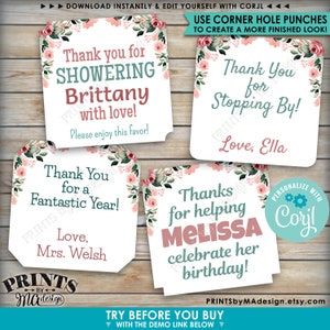 Puede incluir: Cuatro etiquetas de favor imprimibles con dise&ntilde;os florales. Las etiquetas presentan el texto "&iexcl;Gracias por duchar a Brittany con amor!", "&iexcl;Gracias por un a&ntilde;o fant&aacute;stico!", "&iexcl;Gracias por pasar!" y "&iexcl;Gracias por ayudar a Melissa a celebrar su cumplea&ntilde;os!"