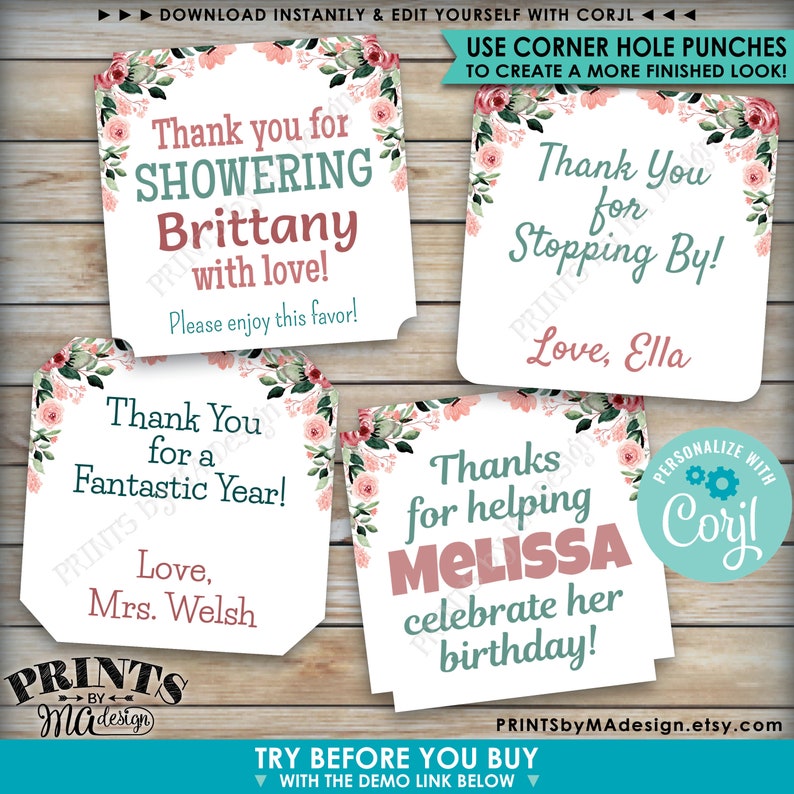 Puede incluir: Cuatro etiquetas de favor imprimibles con dise&ntilde;os florales. Las etiquetas presentan el texto "&iexcl;Gracias por duchar a Brittany con amor!", "&iexcl;Gracias por un a&ntilde;o fant&aacute;stico!", "&iexcl;Gracias por pasar!" y "&iexcl;Gracias por ayudar a Melissa a celebrar su cumplea&ntilde;os!"