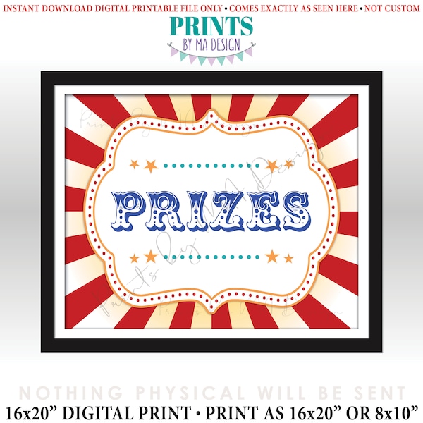 Carnival Prizes Sign, Carnival Party, Circus Games, Circus Birthday Party, Festival Activities, PRINTABLE 8x10/16x20” Prize Sign <ID>