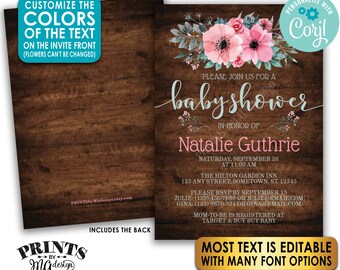 SALE! Editable Floral Baby Shower Invitation, Pink Teal Gray Flowers, Custom PRINTABLE 5x7" Rustic Wood Style Invite <Edit Yourself w/Corjl>