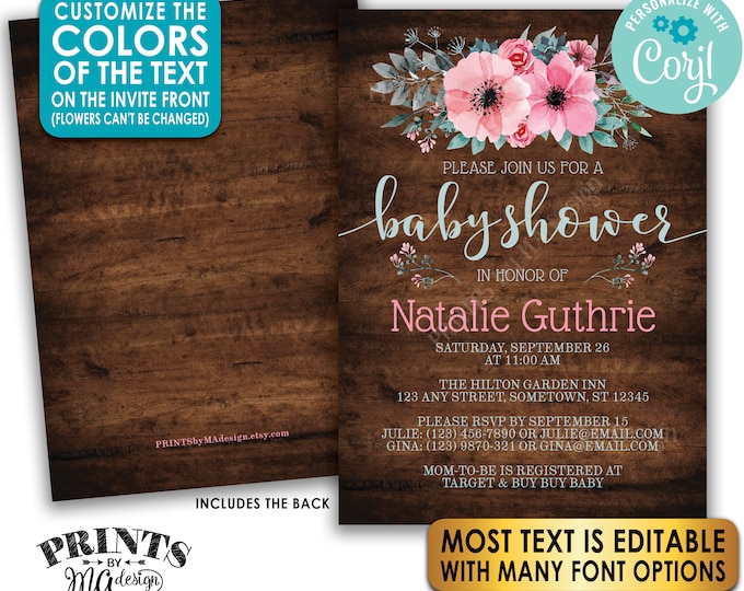 SALE! Editable Floral Baby Shower Invitation, Pink Teal Gray Flowers, Custom PRINTABLE 5x7" Rustic Wood Style Invite <Edit Yourself w/Corjl>