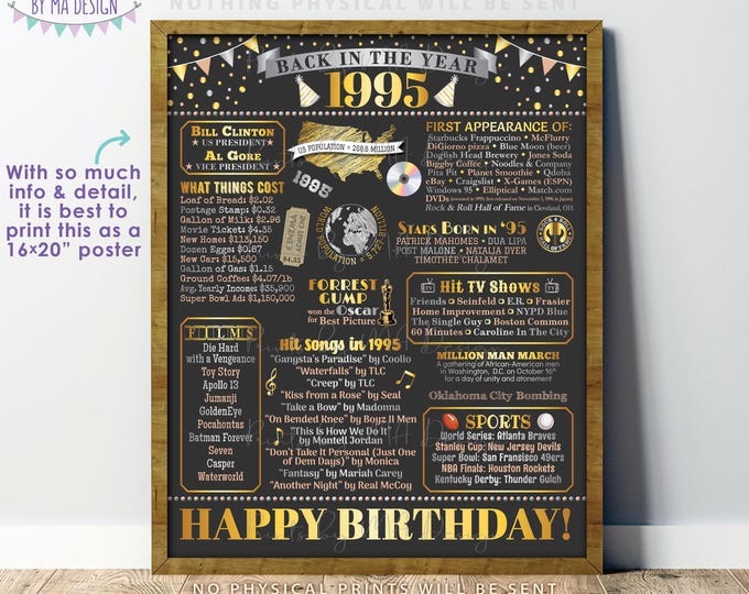 Back in the Year 1995, Birthday Sign, Flashback to 1995 Poster Board, ‘95 B-day Gift, Bday Decoration, PRINTABLE 16x20” Sign <ID>