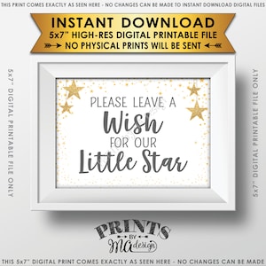 Buenos deseos para el signo de baby shower, compartir un deseo texto gris decoración de baby shower oro brillo estrellas centelleantes, descarga instantánea 5x7" signo imprimible