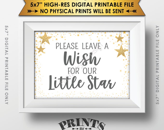 Well Wishes for Baby Shower Sign, Share a Wish Gray Text Baby Shower Decor Gold Glitter Twinkle Stars, Instant Download 5x7” Printable Sign