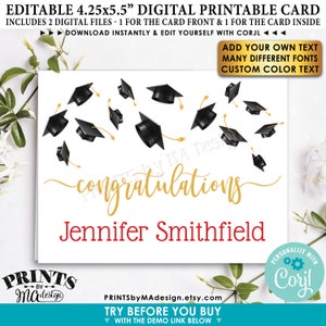 Tarjeta de graduación editable con birretes, felicitaciones, agradecimiento y una plantilla personalizada e IMPRIMIBLE de 4,25 x 5,5 pulgadas. <Edite usted mismo con Corjl>
