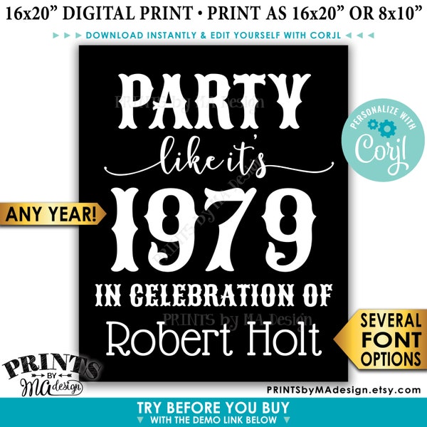 Party Like It's ANY Year Sign with a Custon Name, Birthday, Class Reunion, PRINTABLE 8x10/16x20” Sign <Edit Yourself with Corjl>