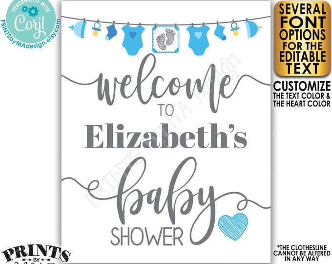 Editable Baby Shower Welcome Sign, It's a Boy, Blue Decoration, Baby Clothesline, PRINTABLE 8x10/16x20” Sign <Edit Yourself w/Corjl>