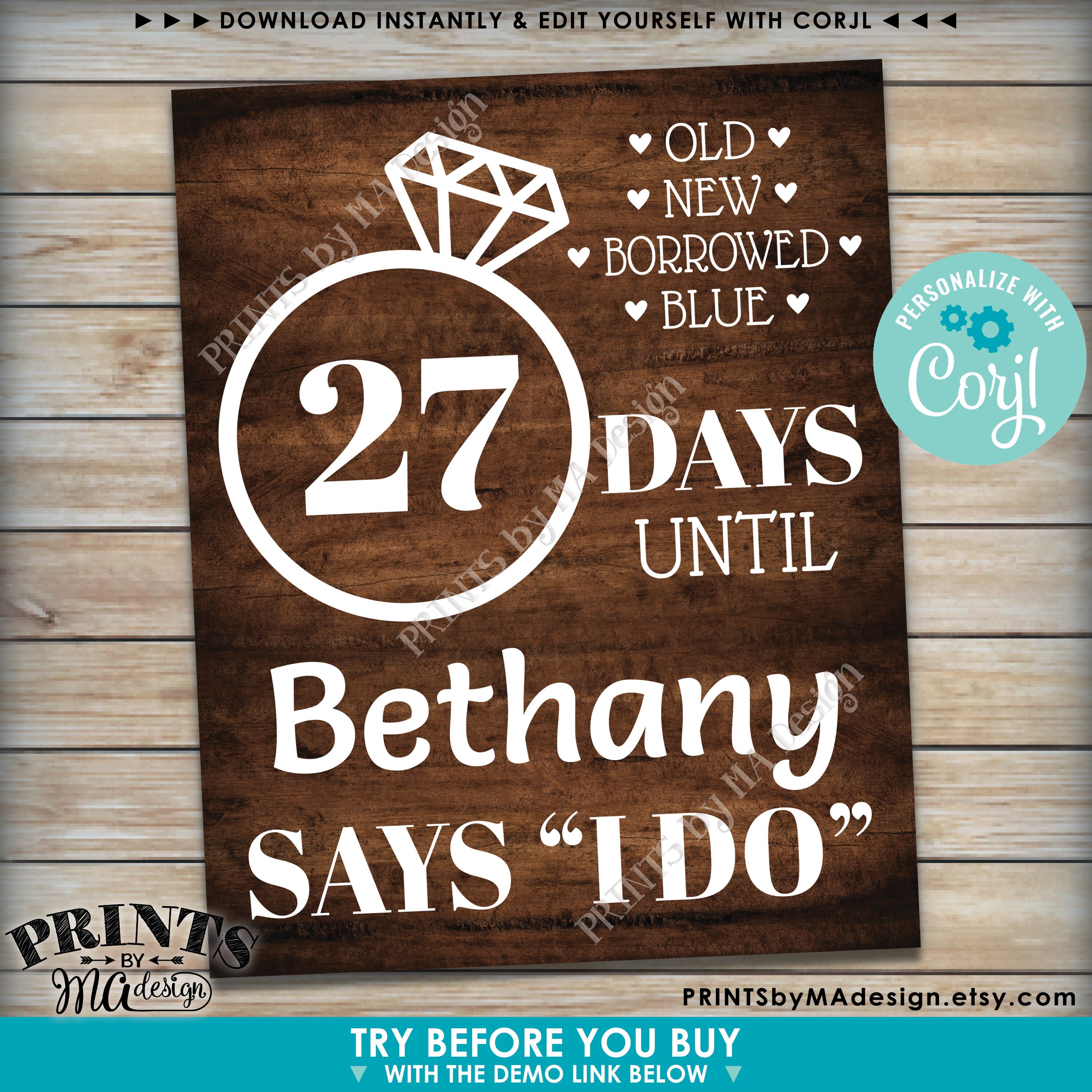 Bridal Shower Countdown Sign, Days Until She Says I Do, Custom