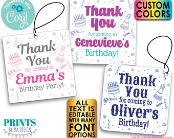 Birthday Thank You Tags, Editable Bday Party Favors, Custom Color Goodie Bags, PRINTABLE 8.5x11" Sheet of 2" Cards <Edit Yourself w/Corjl>