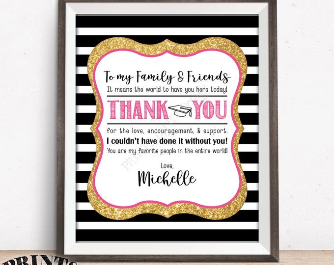 Thank You Sign, Graduation Party Decoration, Thanks from the Graduate Thank You Poster, PRINTABLE 8x10" Black Pink & Gold Glitter Grad Sign