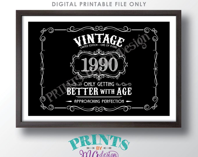 1990 Birthday Sign, Better with Age Vintage Birthday Poster, Whiskey/Liquor Theme, Black & White PRINTABLE 24x36” Landscape Sign <ID>