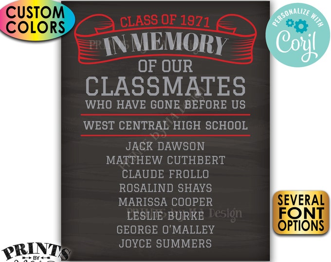 Reunion Memorial In Memory of the Classmates Who Have Gone Before Us, PRINTABLE 8x10/16x20” Chalkboard Style Sign <Edit Yourself with Corjl>