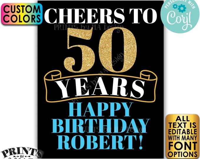 Editable Cheers to Years Sign, Birthday or Retirement Party, Any Celebration, PRINTABLE Black & Gold Glitter Decor <Edit Yourself w/Corjl>