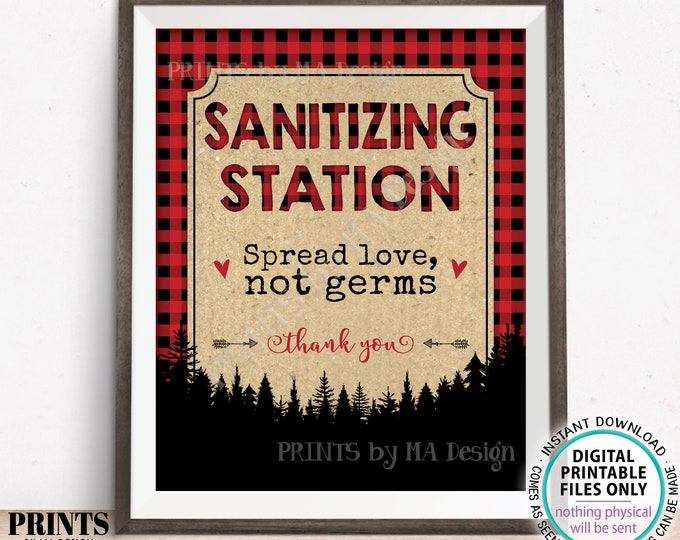 Saitizing Station Sign, Spread Love Not Germs, Sanitize Here, Hand Sanitizer, PRINTABLE 8x10/16x20” Lumberjack Sign, Red Black Checker <ID>