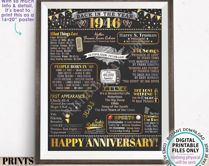 Back in the Year 1946 Anniversary Sign, Flashback to 1946 Anniversary Decor, Anniversary Gift, PRINTABLE 16x20” Poster Board <ID>