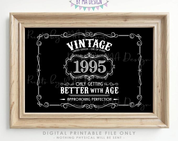 1995 Birthday Sign, Vintage Better with Age Poster, Whiskey Theme Decoration, PRINTABLE 24x36” Black & White Landscape 1995 Sign <ID>