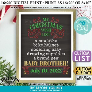 Kerst zwangerschap aankondiging, wens voor een baby broertje, aangepaste lijst, afdrukbare schoolbord stijl baby #2 teken <bewerk jezelf met Corjl>