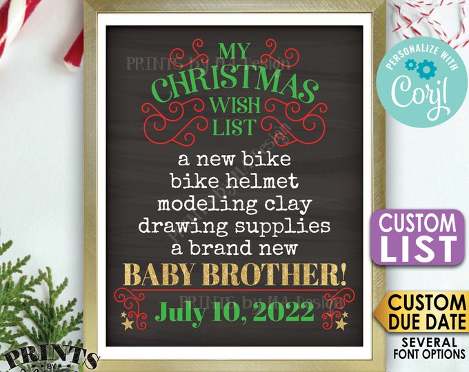 Christmas Pregnancy Announcement, Wish for a Baby Brother, Custom List, PRINTABLE Chalkboard Style Baby #2 Sign <Edit Yourself with Corjl>