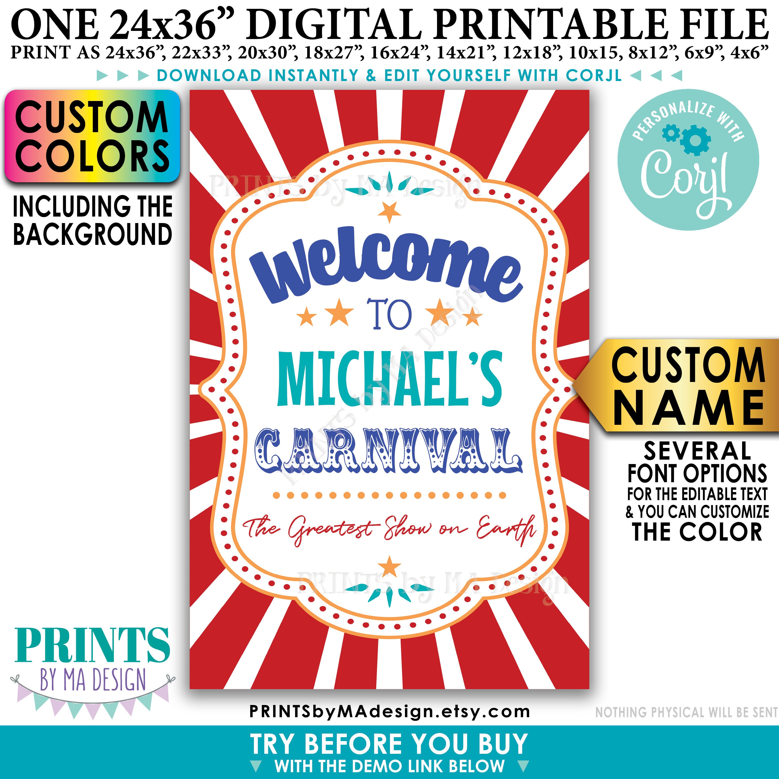 Carnival Welcome Sign, Welcome to the Carnival Entrance Sign, Custom  PRINTABLE 24x36 Carnival Theme Party Sign edit Yourself With Corjl 