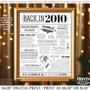 Back in 2010 Poster Board, Flashback to 2010, Remember 2010, USA History from 2010, PRINTABLE 16x20” Sign, Black & White <ID>