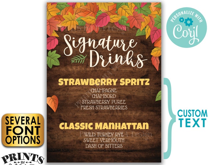 Fall Signature Drinks Sign, Autumn Wedding, Cocktails Menu, Thanksgiving, PRINTABLE 5x7” Rustic Wood Style Sign <Edit Yourself w/Corjl>