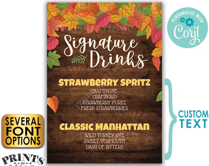 Fall Signature Drinks Sign, Autumn Wedding, Cocktails Menu, Thanksgiving, PRINTABLE 5x7” Rustic Wood Style Sign <Edit Yourself w/Corjl>