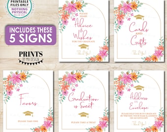 Graduation Party Signs Bundle Pack, Pink and Orange Flowers, Cards and Gifts, Advice, PRINTABLE 8x10/16x20” Grad Party Decorations <ID>
