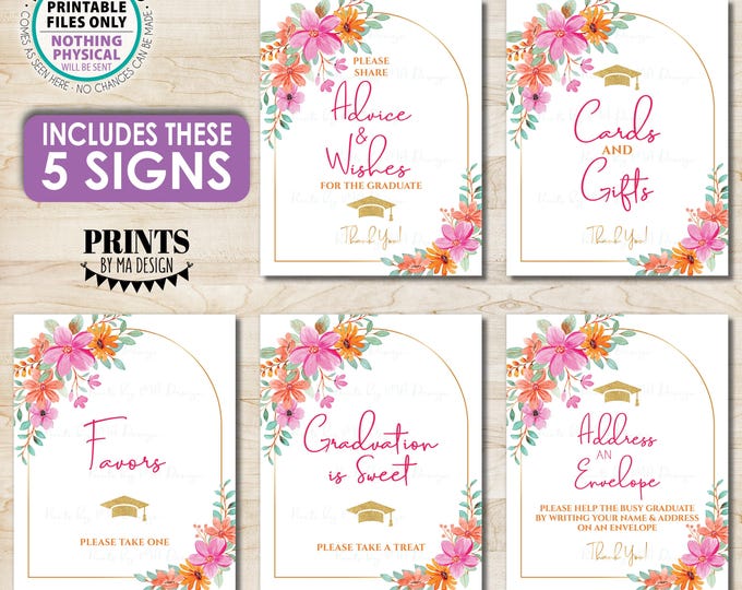 Graduation Party Signs Bundle Pack, Pink and Orange Flowers, Cards and Gifts, Advice, PRINTABLE 8x10/16x20” Grad Party Decorations <ID>