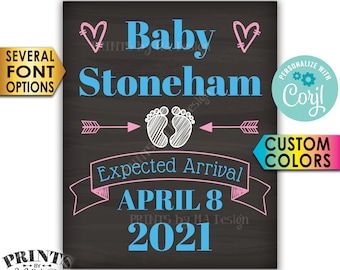 May include: A digital printable chalkboard style announcement for a baby's expected arrival. The announcement is personalized with the name "Baby Stoneham" and the expected arrival date of "April 8, 2021". The announcement is decorated with pink and blue hearts, arrows, and footprints. The text "PERSONALIZE WITH Corjl" and "CUSTOM COLORS" is also included.