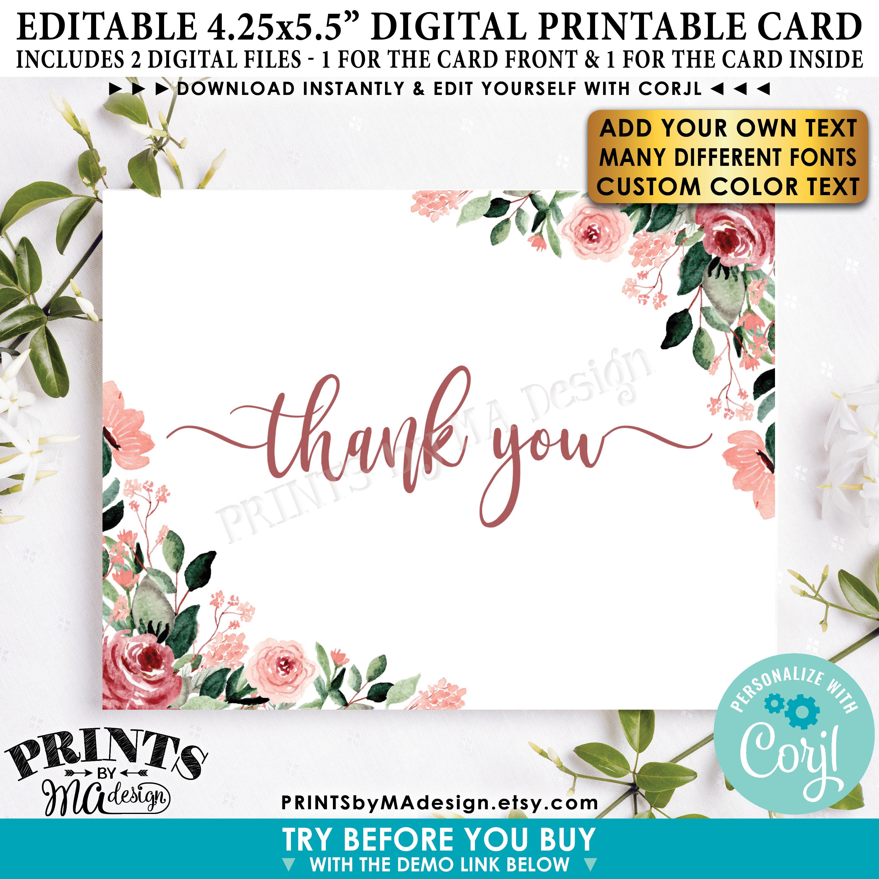 SALE! Editable Card with a Rose Gold Blush Floral Design, Thank You ...