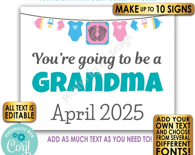Custom Pregnancy Announcements, Going to be a, Baby Clothesline, All Text Editable, Ten PRINTABLE 8x10/16x20” Signs <Edit Yourself w/Corjl>