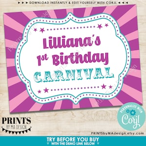Puede incluir: Un cartel imprimible rosa y turquesa con un borde blanco y un tema de carnaval. El cartel dice "Lilliana's 1st Birthday Carnival".