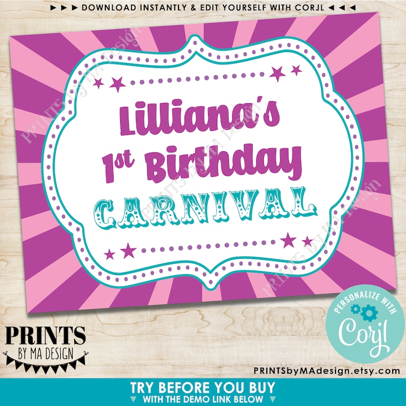Puede incluir: Un cartel imprimible rosa y turquesa con un borde blanco y un tema de carnaval. El cartel dice "Lilliana's 1st Birthday Carnival".