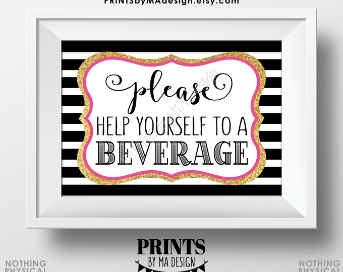 Beverage Station Sign, Please Help Yourself to a Beverage, PRINTABLE 5x7” Black Pink & Gold Glitter Drink Sign <ID>