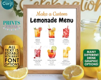Editable Lemonade Menu Sign, DIY Signature Drink Station, Cocktails, Custom PRINTABLE 8x10/16x20” Beverage Sign <Edit Yourself with Corjl>