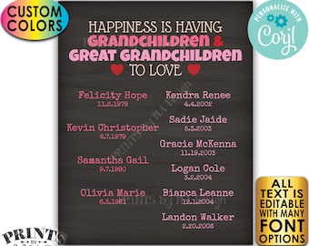 Great Grandparent Gift, List of Grandchildren & Great Grandchildren, PRINTABLE Chalkboard Style Grandkids Sign <Edit Yourself w/Corjl>