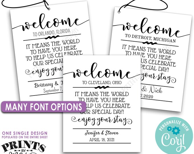 Wedding Welcome Bag Tags, Out of Town Guests Destination Goodie Bags, B&W PRINTABLE 8.5x11" Sheet of 4x5" Tags <Edit Yourself with Corjl>