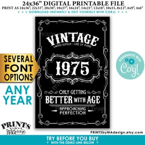 Vintage Birthday Sign, Better with Age Liquor Themed Party, Custom Year, Black & White PRINTABLE 24x36” Sign <Edit Yourself with Corjl>