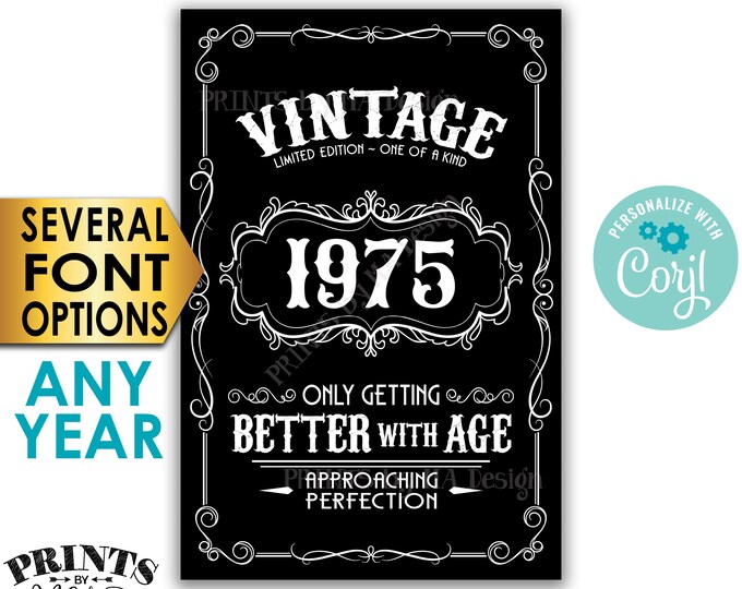 Vintage Birthday Sign, Better with Age Liquor Themed Party, Custom Year, Black & White PRINTABLE 24x36” Sign <Edit Yourself with Corjl>