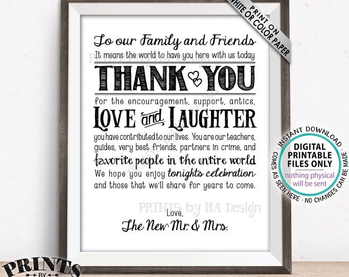 Wedding Thank You Sign, Wedding Welcome Sign, Thanks Family and Friends from the New Mr & Mrs, Gratitude, PRINTABLE 8x10/16x20” Sign <ID>