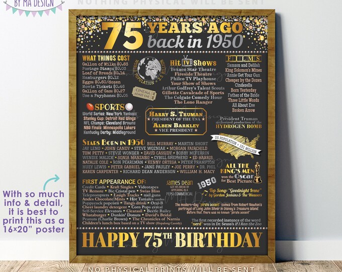 75th Birthday Poster Board, Born in the Year 1950, Flashback 75 Years Ago B-day Gift, PRINTABLE 16x20” Back in 1950 Sign, 75th Gift <ID>