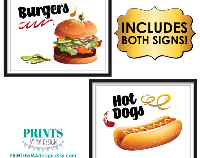 Burgers and Hot Dogs Signs, Barbeque Cook Out, School Concession Stand, Festival, Party Platter, Two PRINTABLE 8x10/16x20” Signs <ID>