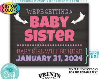 We're Getting a Baby Sister Pregnancy Announcement, It's a Girl Gender Reveal, PRINTABLE Chalkboard Style Sign <Edit Yourself with Corjl>