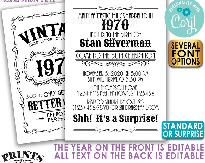 Vintage Birthday Party Invitation, Better with Age, Standard or Surprise Bday Invite, Two PRINTABLE 5x7” Files <Edit Yourself with Corjl>