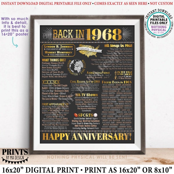Back in 1968 Anniversary Poster Board, Flashback to 1968 Anniversary Decor, PRINTABLE 16x20” Sign, 1968 Anniversary Gift <ID>