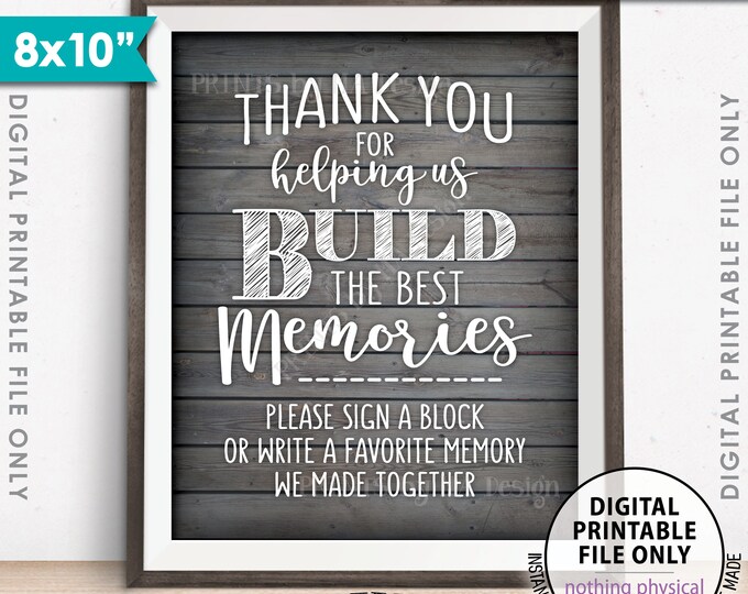 Sign a Block Sign Thank You for Helping Us Build Memories Wedding Sign, Graduation Party, 8x10” Rustic Wood Style PRINTABLE Instant Download