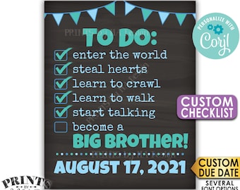 To Do List Pregnancy Announcement, Become a Big Brother, PRINTABLE Chalkboard Style CUSTOM CHECKLIST Sign <Edit Yourself with Corjl>