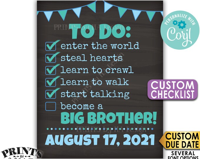 To Do List Pregnancy Announcement, Become a Big Brother, PRINTABLE Chalkboard Style CUSTOM CHECKLIST Sign <Edit Yourself with Corjl>